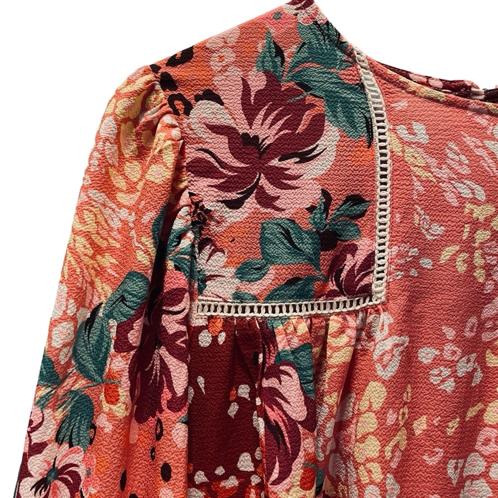Umgee Anthropology Floral Balloon Sleeve Dress Orange Maroon